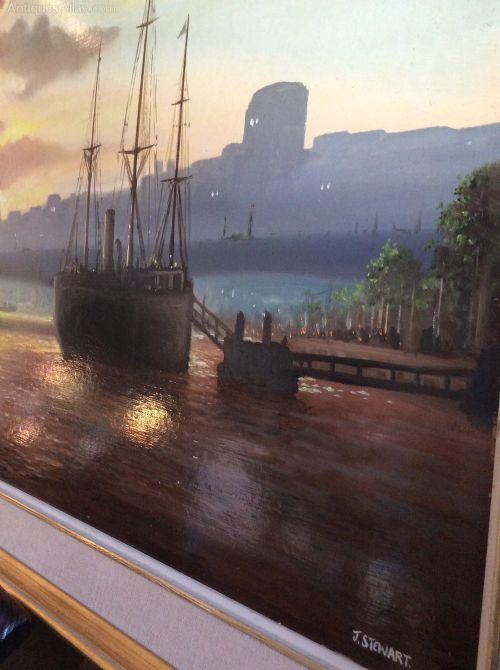 fig 1. A panoramic oil painting depicting ships on the River Thames in London during sunset with Waterloo Bridge in the background, framed in a cream and gold border.