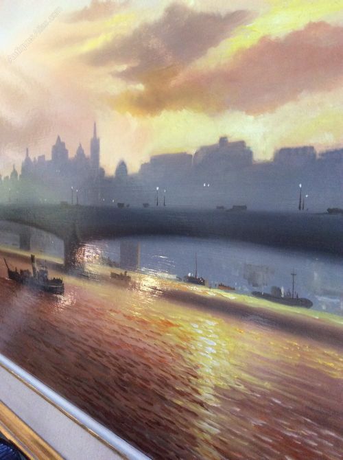 fig 2. A panoramic oil painting depicting ships on the River Thames in London during sunset with Waterloo Bridge in the background, framed in a cream and gold border.