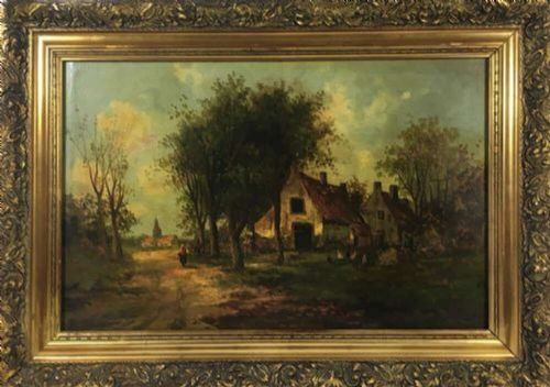 Barbizon School French Farmyard Landscape Oil Portrait Painting