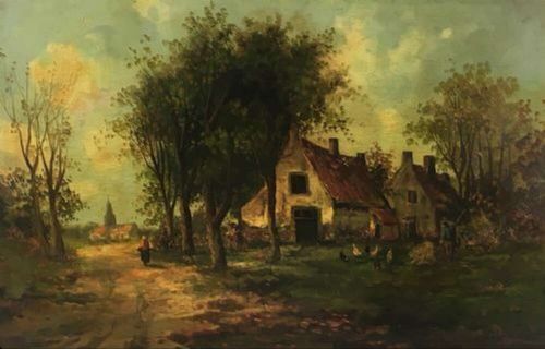 fig 1. A nineteenth-century oil painting depicting a French rural farmyard scene with cottages, mature trees, and a dirt path set within an ornate carved giltwood frame.