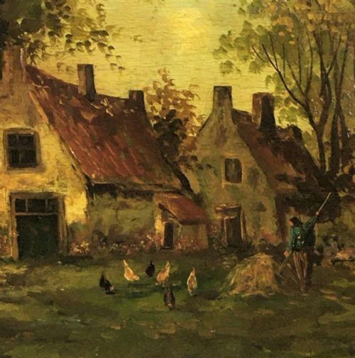 fig 2. A nineteenth-century oil painting depicting a French rural farmyard scene with cottages, mature trees, and a dirt path set within an ornate carved giltwood frame.