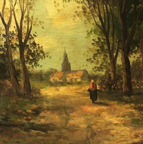 fig 3. A nineteenth-century oil painting depicting a French rural farmyard scene with cottages, mature trees, and a dirt path set within an ornate carved giltwood frame.