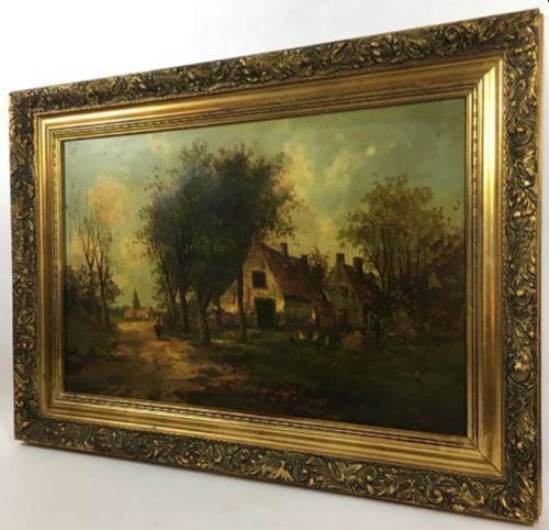 fig 4. A nineteenth-century oil painting depicting a French rural farmyard scene with cottages, mature trees, and a dirt path set within an ornate carved giltwood frame.