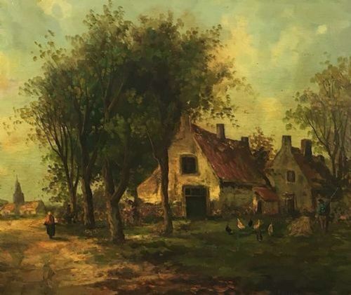 fig 5. A nineteenth-century oil painting depicting a French rural farmyard scene with cottages, mature trees, and a dirt path set within an ornate carved giltwood frame.