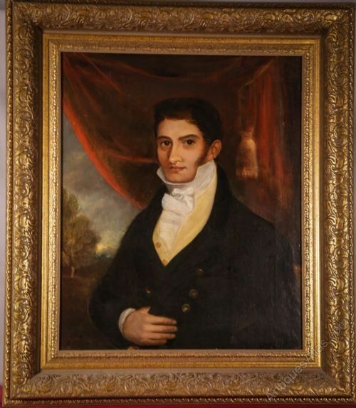 fig 1. An 18th-century oil portrait on canvas depicting a dark-haired gentleman in formal attire set within an ornate gilded frame.
