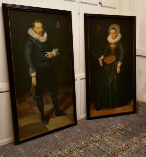 Pair Dutch Marriage Oil Portrait Paintings on Vinyl Canvas After Cornelis Van Der Voort of Justina Van Teylingen & De Kies Van Wiessen