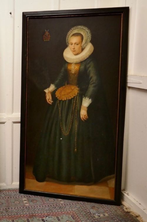 fig 1. A pair of large, dark-framed full-length oil-style portrait paintings depicting a 17th-century Dutch man and woman wearing traditional white ruffs.