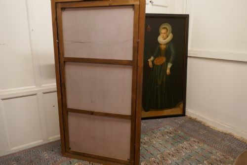 fig 3. A pair of large, dark-framed full-length oil-style portrait paintings depicting a 17th-century Dutch man and woman wearing traditional white ruffs.