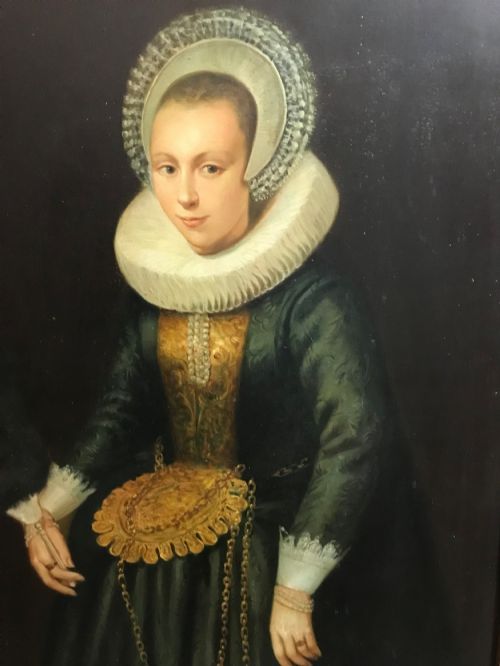 fig 8. A pair of large, dark-framed full-length oil-style portrait paintings depicting a 17th-century Dutch man and woman wearing traditional white ruffs.