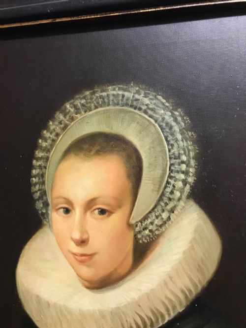 fig 10. A pair of large, dark-framed full-length oil-style portrait paintings depicting a 17th-century Dutch man and woman wearing traditional white ruffs.