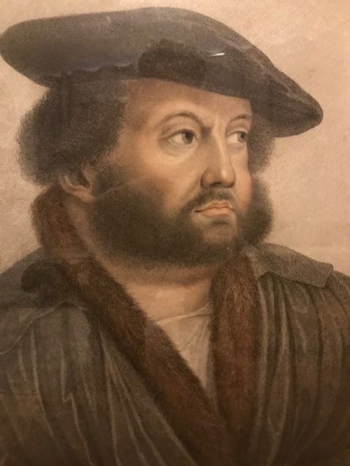 fig 1. A framed late 18th-century stipple engraving portrait of Hans Holbein set within a mould-detailed dark and gilt wood frame.