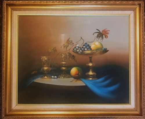 Jozsef Molnar Still Life Fruit Oil Portrait Painting of Apples and Grapes