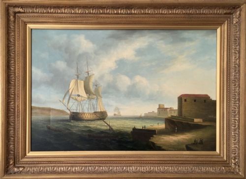 James Hardy Galleon Warship Anchored Off Valletta Harbour Malta 19th Manner Marine Oil Portrait Painting on Panel