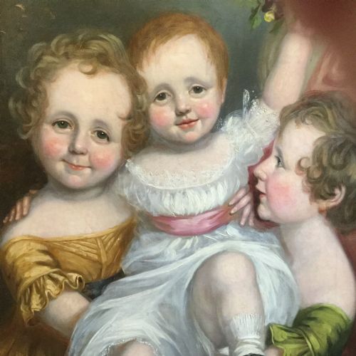 fig 2. A 19th-century oil portrait on canvas depicting three young children in period clothing, presented inside an ornate gilded swept frame.