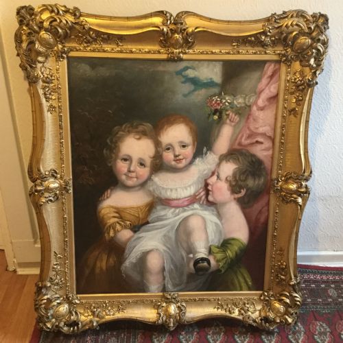fig 3. A 19th-century oil portrait on canvas depicting three young children in period clothing, presented inside an ornate gilded swept frame.