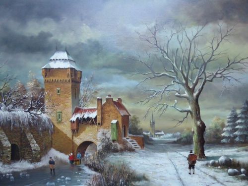 fig 1. An oil painting on canvas depicting a snowy Dutch village landscape with figures, a brick tower, and bare trees, enclosed in an ornate gold gilt frame.