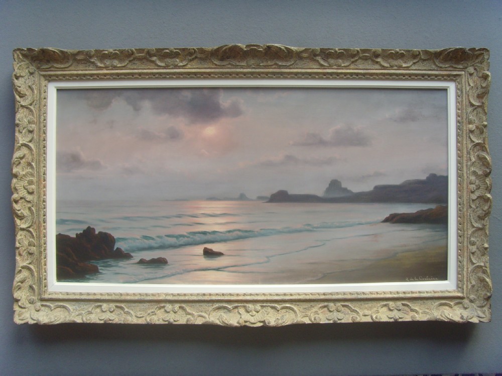 ROGER DE LA CORBIERE 4FT.WIDE PANORAMIC OIL PAINTING OF BRITTANY COASTLINE WITH THE SUNSETTING MEASURING 4FT WIDTH X HEIGHT 2FT 3 INCHES IN PERFECT CONDITION