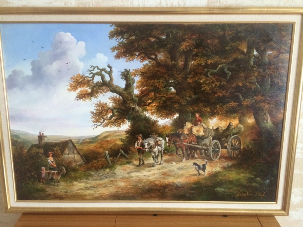 LARGE OIL PAINTING BY JOHN SINCLAIR-BLACK OF HORSE DRAWN LOGGING CART MOVING A PAIR OF HEAVY TREE TRUNKS 39 X 27.5 INCHES IN ORIGINAL GILT FRAME