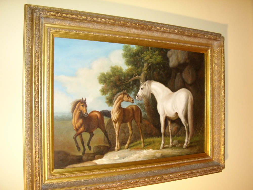 OIL ON CANVAS OF WILD HORSES PAINTED IN STYLE OF STUBBS & PRESENTED IN STUNNING DECORATIVE PLASTER & GILT FRAME 46 X 34 INS