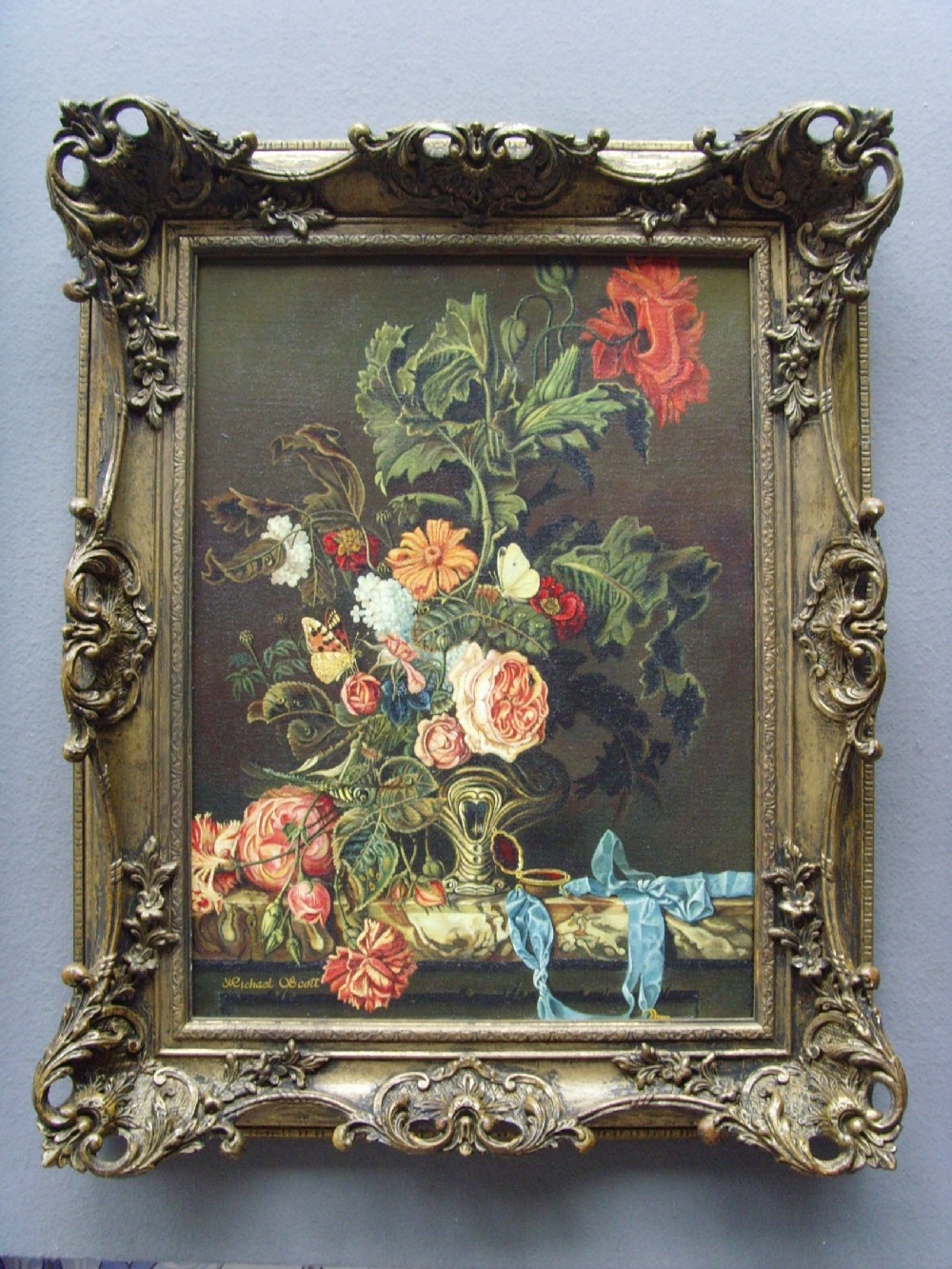 STILL LIFE FLOWER OIL PAINTING BY MICHAEL SCOTT PRESENTED IN A VERY SPECIAL DECORATIVE SWEPT FRAME