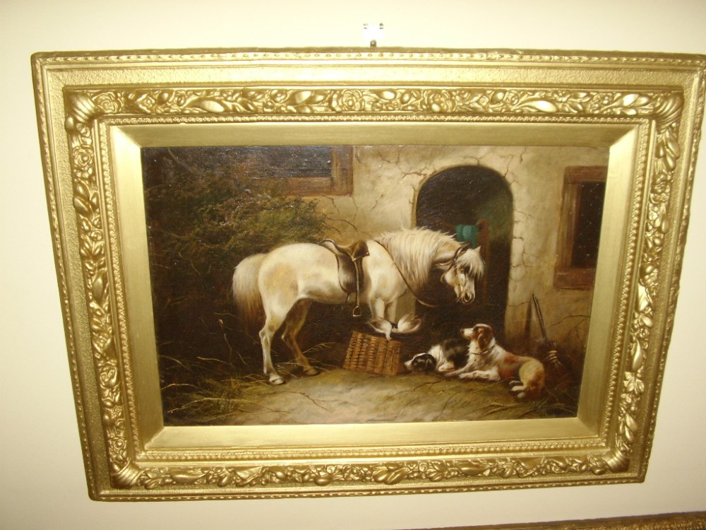 OIL PAINTING ATTRIBUTED TO GEORGE ARMFIELD JNR OF GREY GILDING WITH DOGS C1808 TO 1893