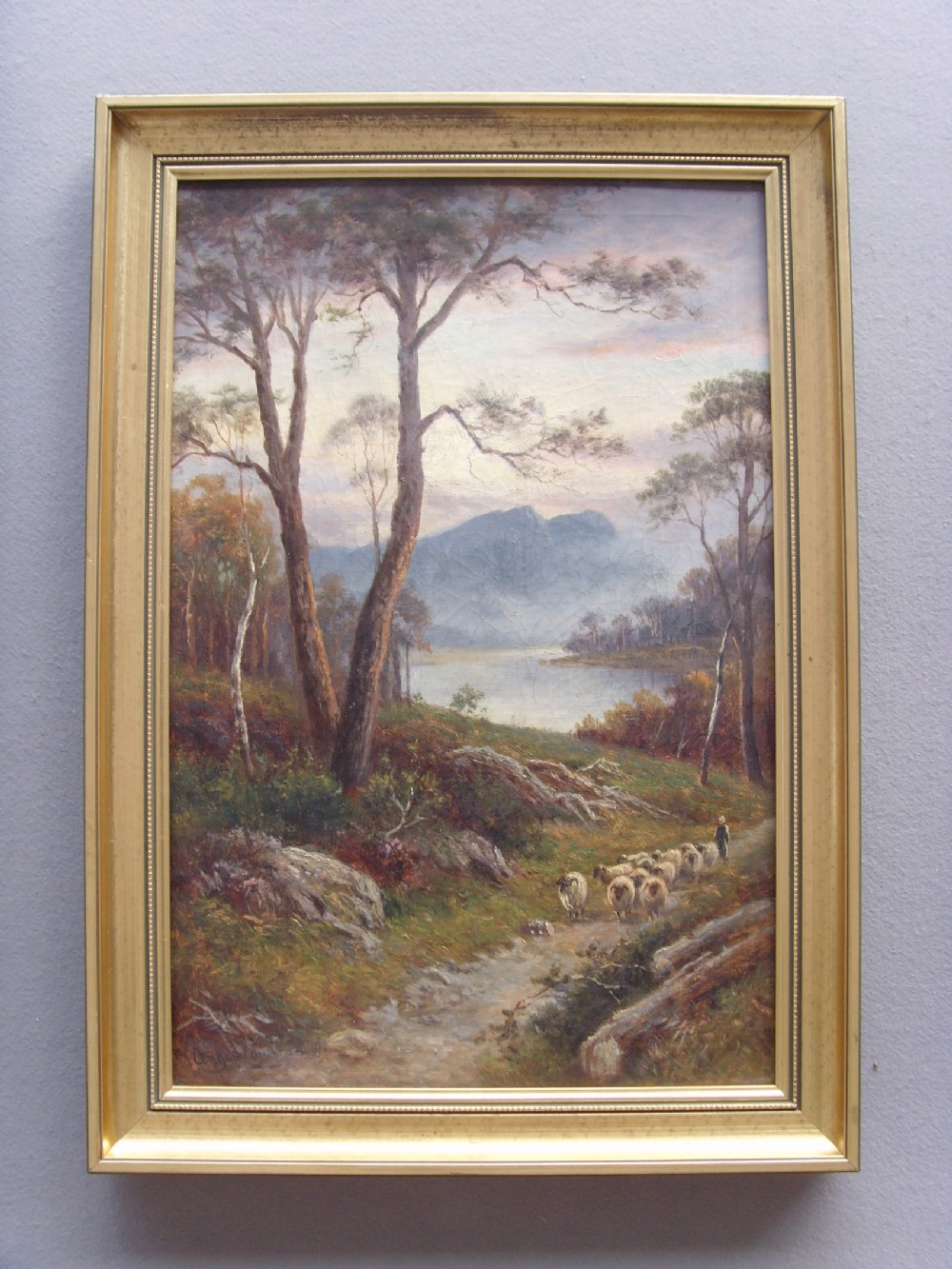 19thc Landscape Oil Painting of Scottish Lock With Sheep By Artist Angus Cameron