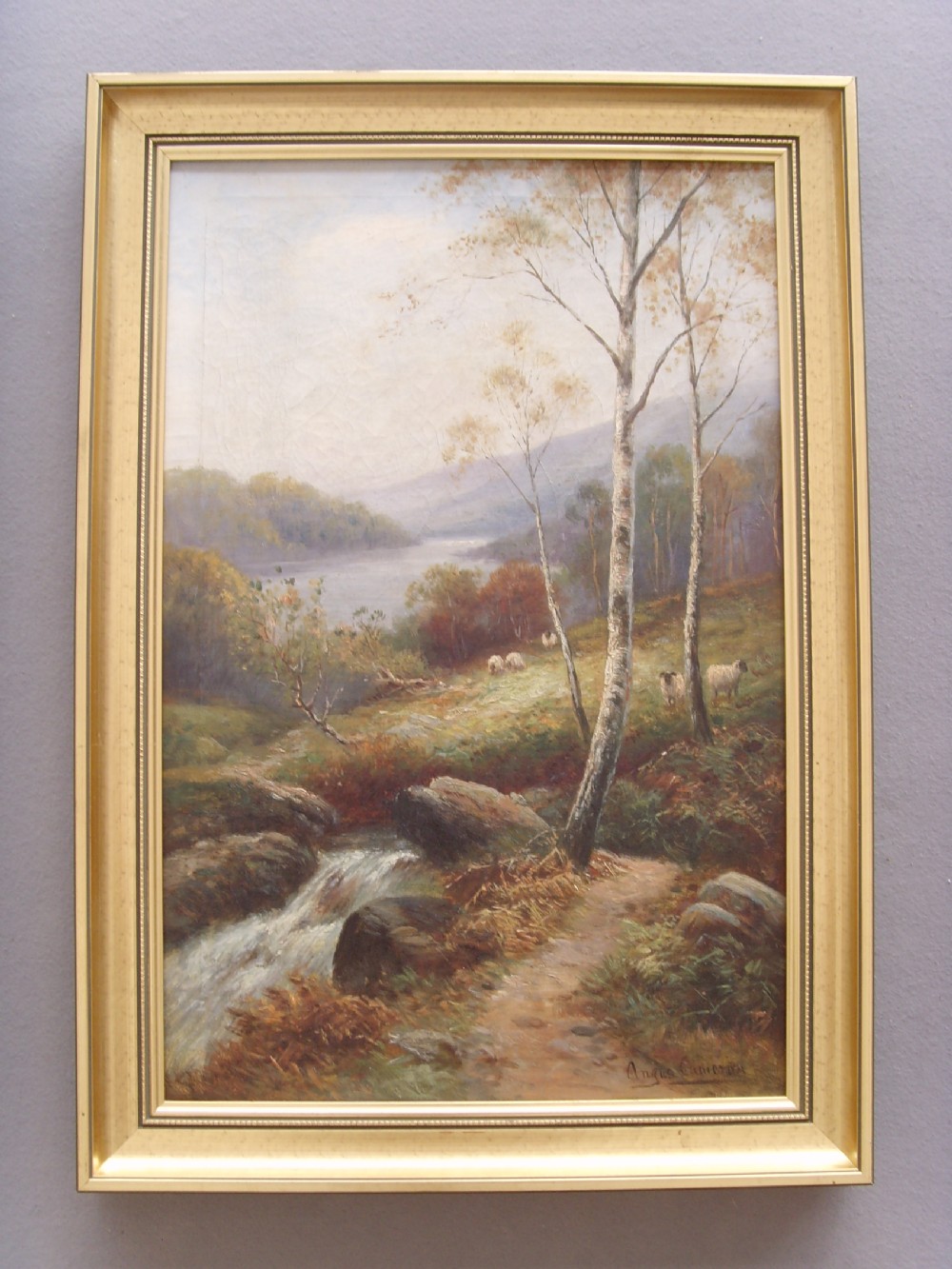 19thc Landscape Oil Painting of Scottish Loch By Angus Cameron