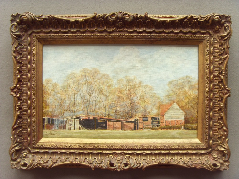 LANDSCAPE OIL PAINTING OF FARM BUILDING BY ARTIST MICHAEL SCOTT IN ORNATE GALLERY FRAME