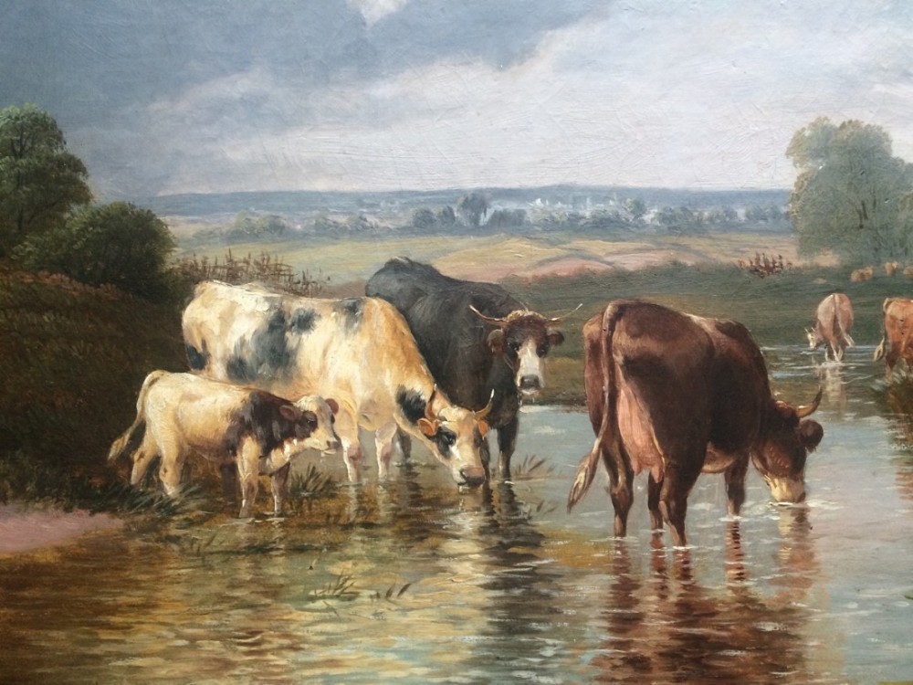 19thc Landscape Oil Painting of Cattle Watering By River 43 x 28 Inches