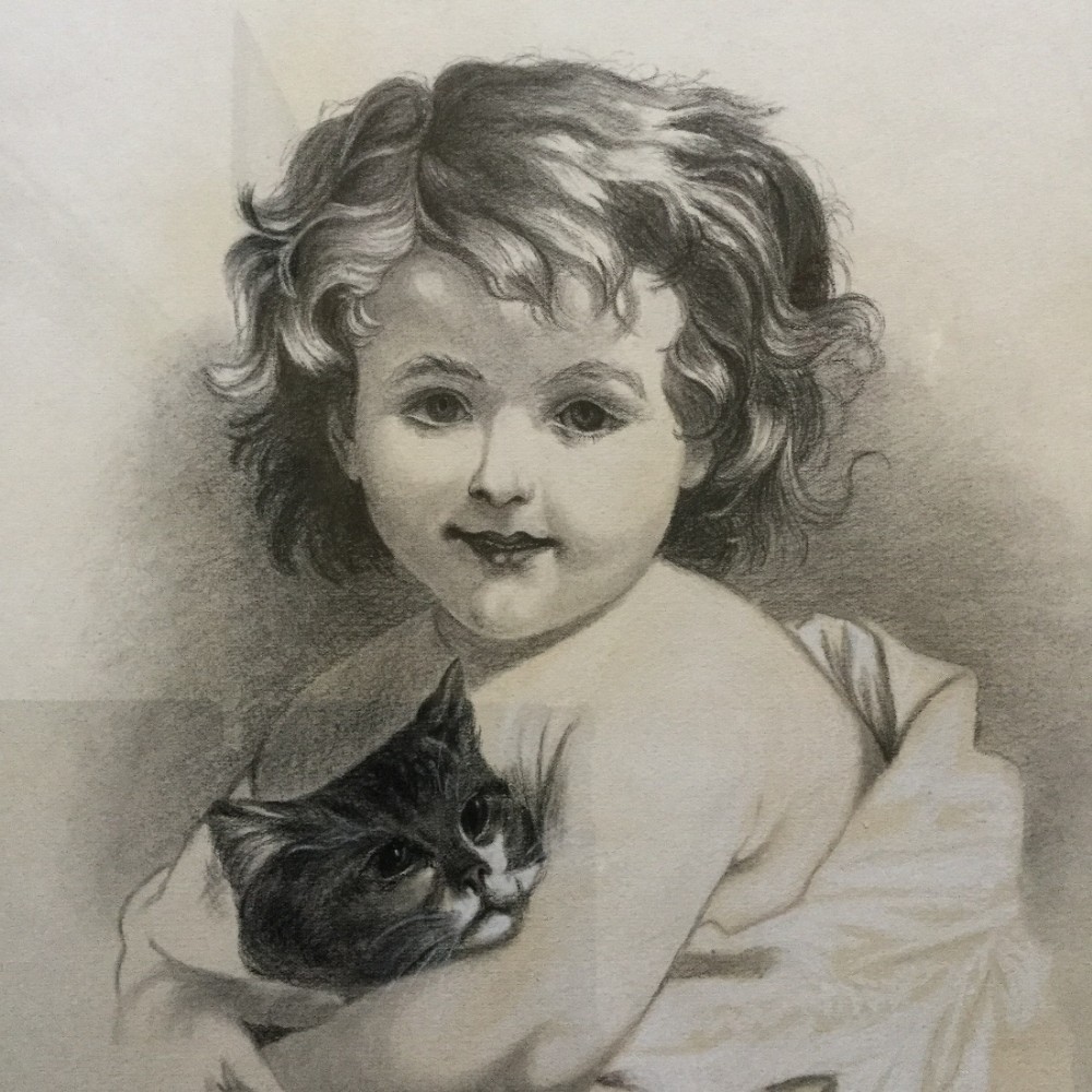 PASTEL & GOUACHE PORTRAIT DRAWING OF YOUNG GIRL & KITTEN C1900