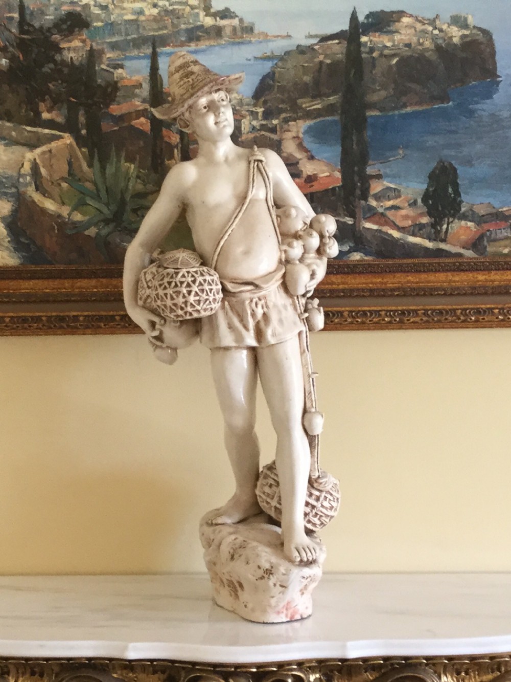 19THC BRETBY STAFFORDSHIRE FISHERMAN BOY STATUE FIGURINE WITH NETS & BASKETS