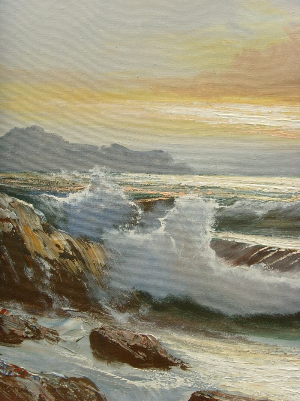 SEASCAPE OIL PAINTING BY B.GIULIO WAVES AT SUNSET