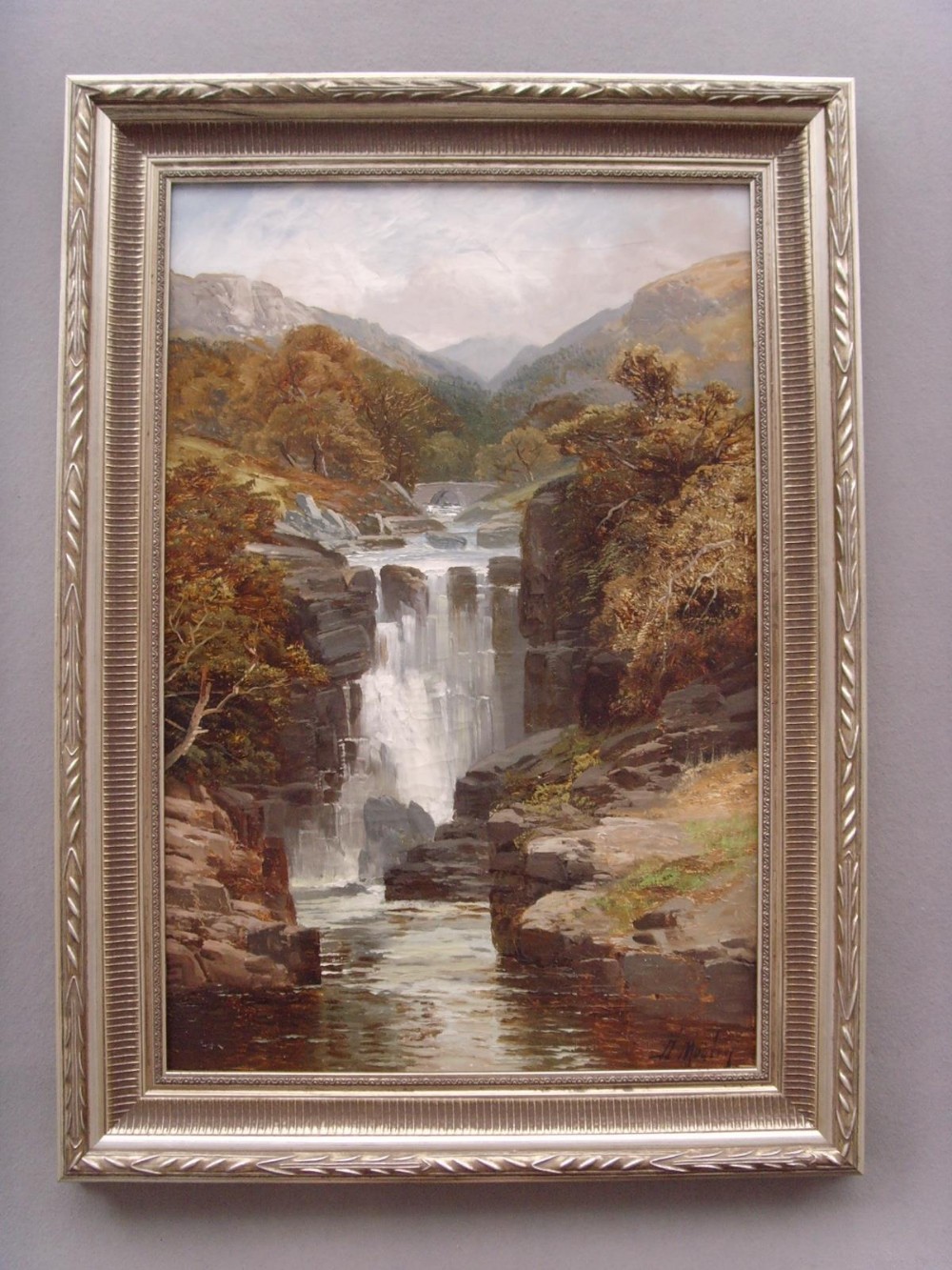 19thc River Landscape Painting of Waterfall By David Motley,Landscape Mountains & Caskading Stream