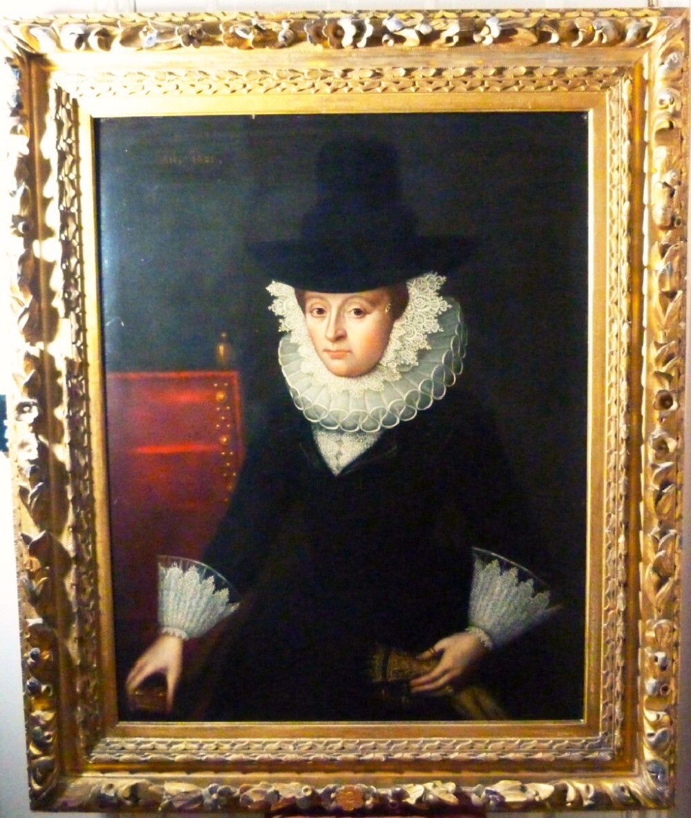 17thc Fine Oil Portrait Painting of Frances Graves c1621 (Nee Gourney) Follower of Artist Gilbert Jackson (1595-1648) Post Elizabethan & Tudor Art Ruff Collars Hand Carved Gilt Frames Kiftsgate Court Hall Mickleton Manor Old Master Paintings