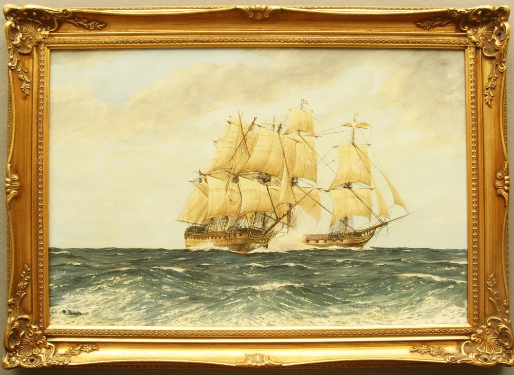 Oil Painting HMS Success Engaging Genereux.Marine Seascapes Sailing Ships & Clippers