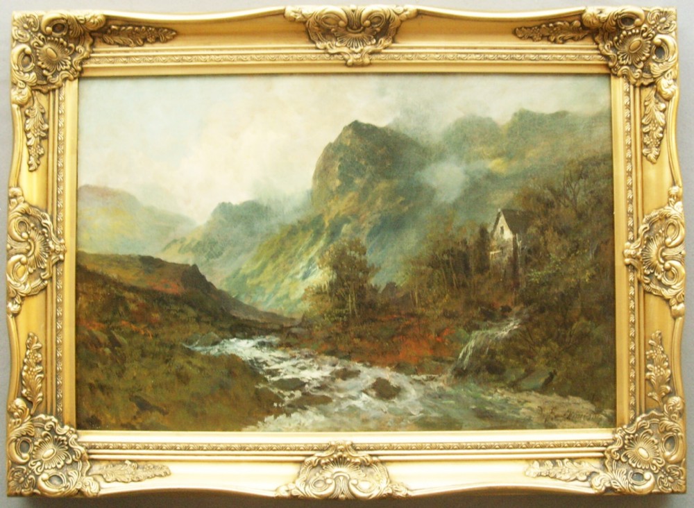 F.E.Jamieson Scottish Landscape Oil Painting The Mill At Brora  with River and Mountains