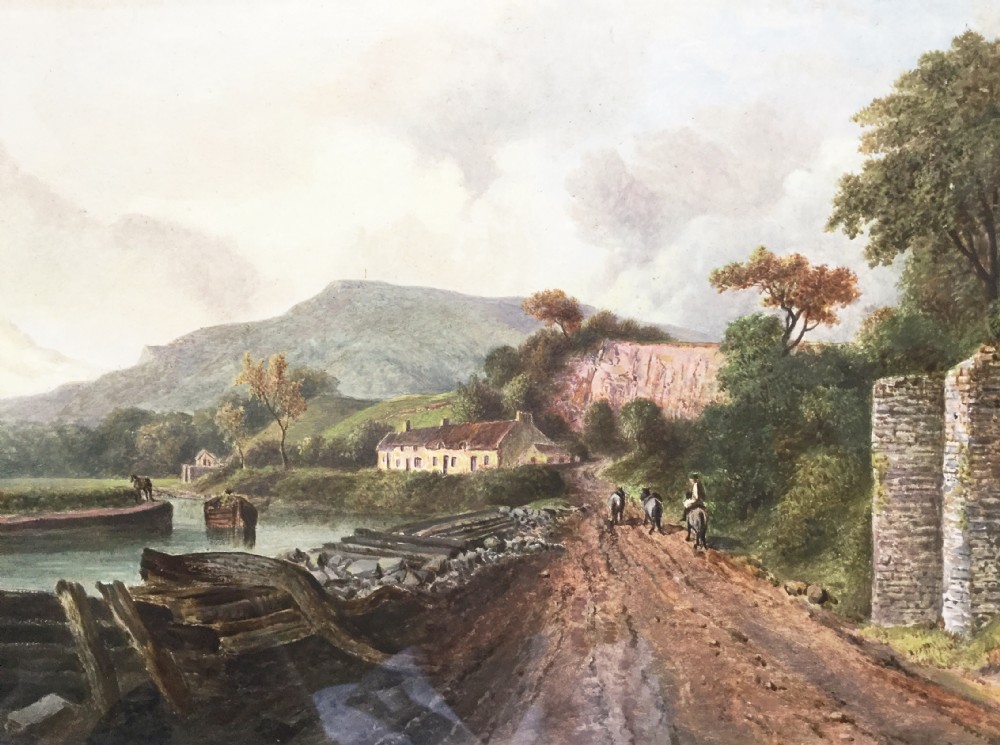 Georgian Minature Landscape Oil Painting of River Canal & Barge 