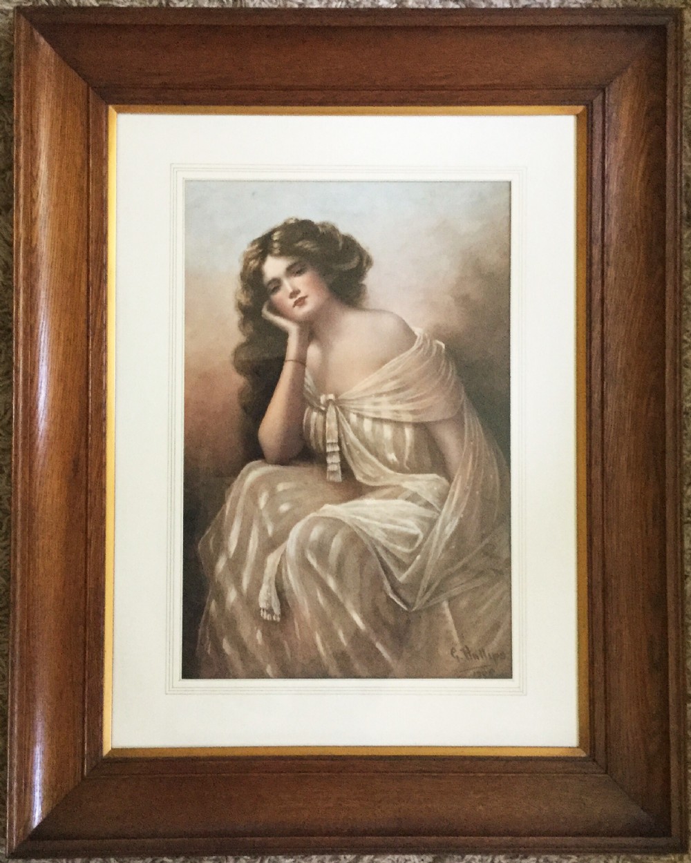 Large Watercolour Portrait Painting of Young Lady  c1908