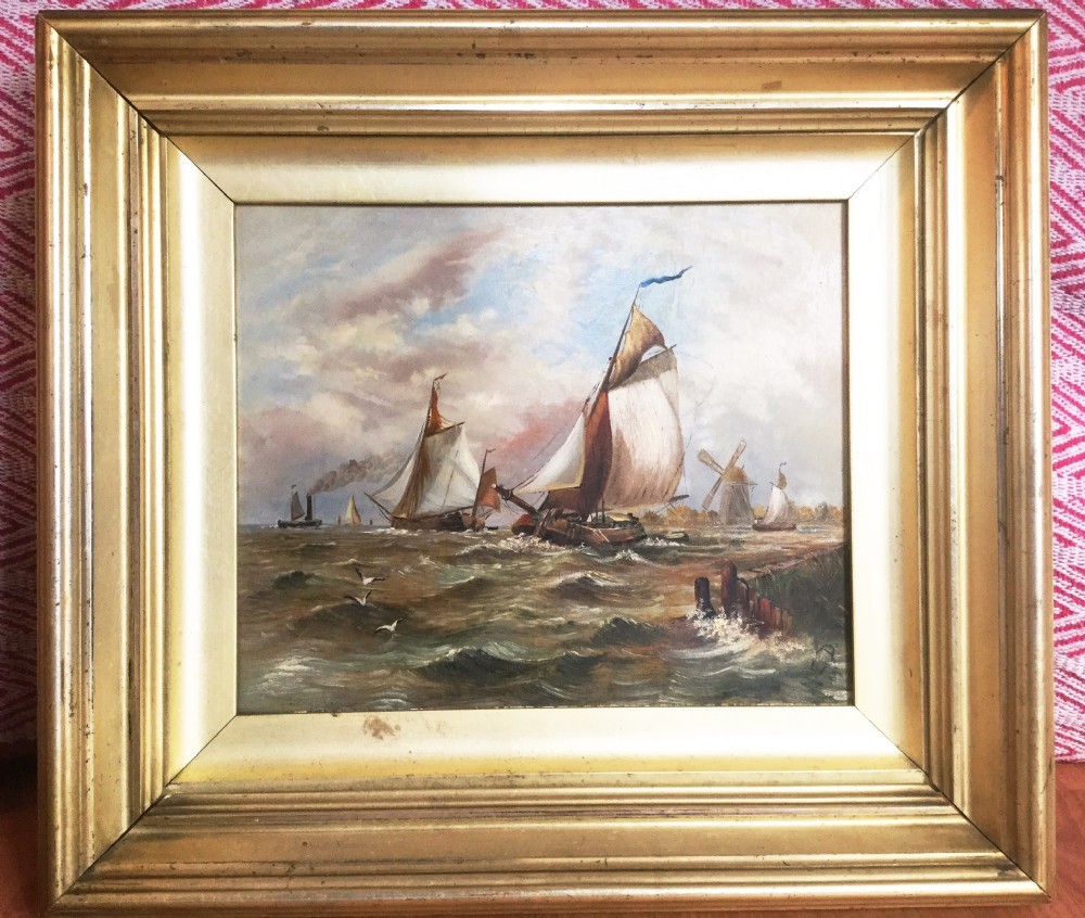 19thc Dutch Marine Seascape Oil Painting By Maud E.Dickinson View III