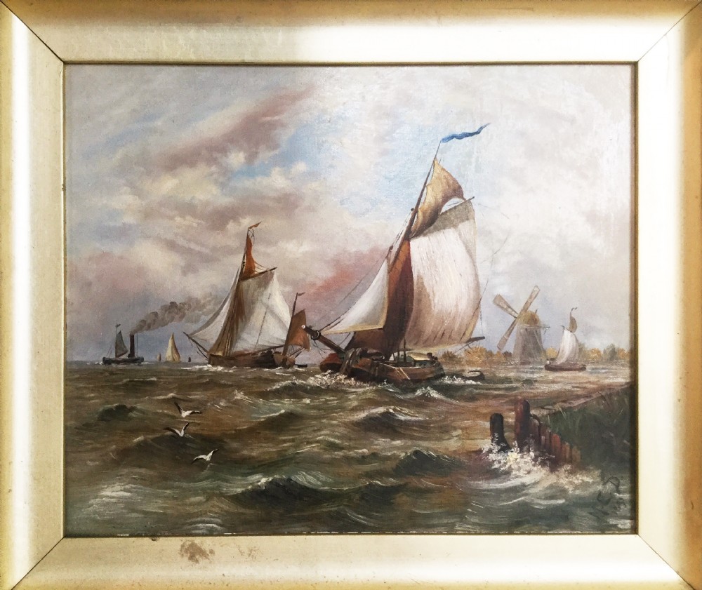 19thc Dutch Marine Seascape Oil Painting By Maud E.Dickinson View IV