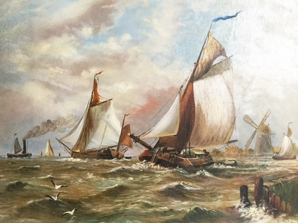19thc Dutch Marine Seascape Oil Painting By Maud E.Dickinson