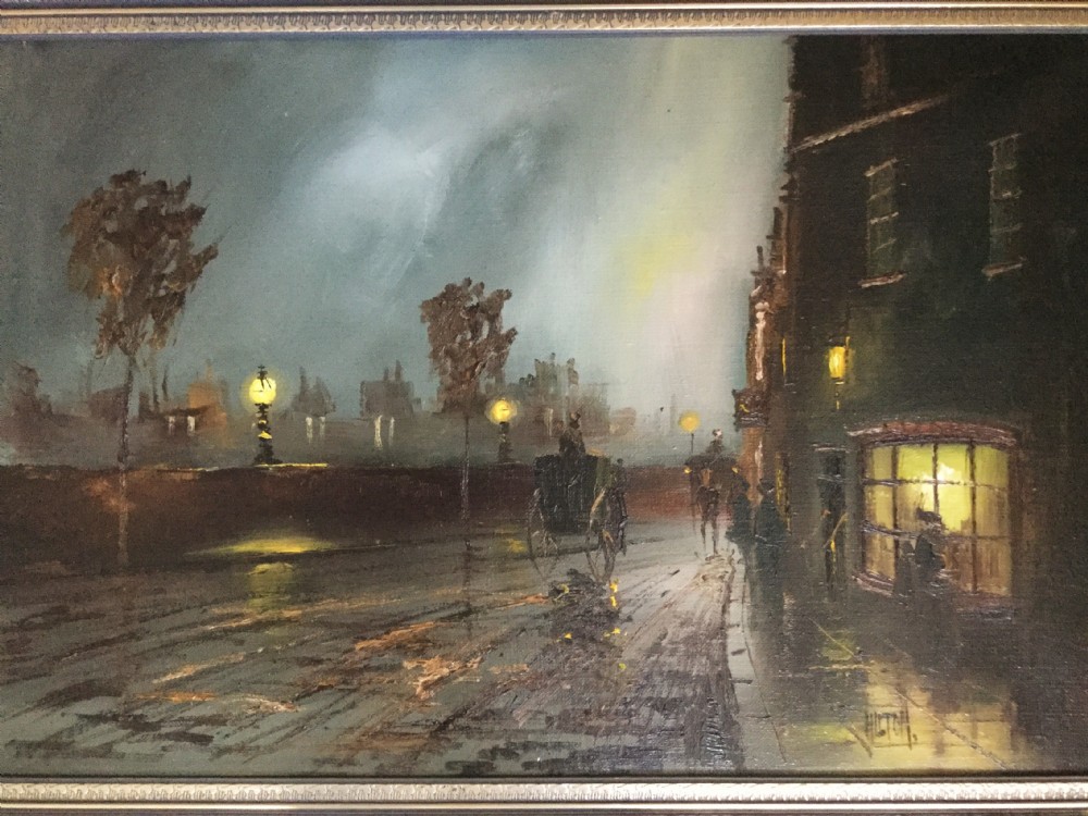 Oil Painting of Moonlit Victorian Street Scene Near London Bridge  View II