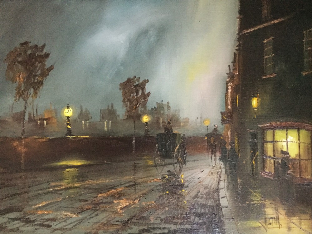 Oil Painting of Moonlit Victorian Street Scene Near London Bridge  View III