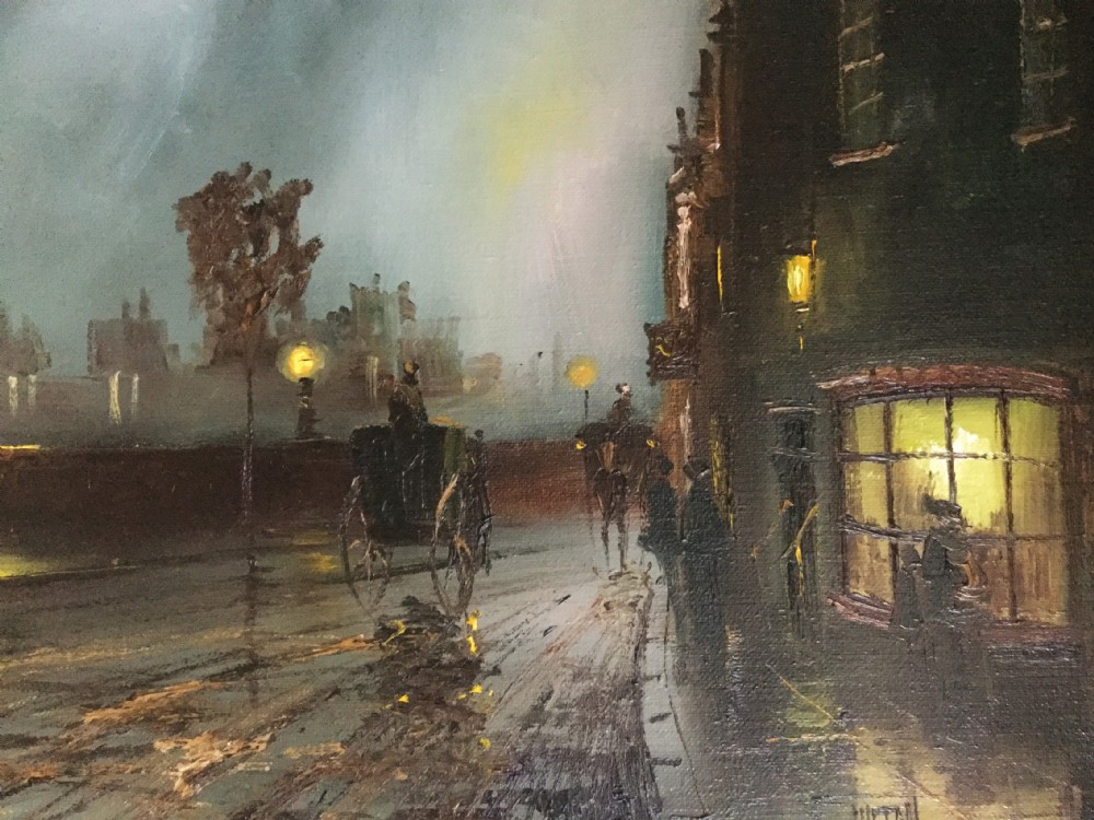 Oil Painting of Moonlit Victorian Street Scene Near London Bridge  View V