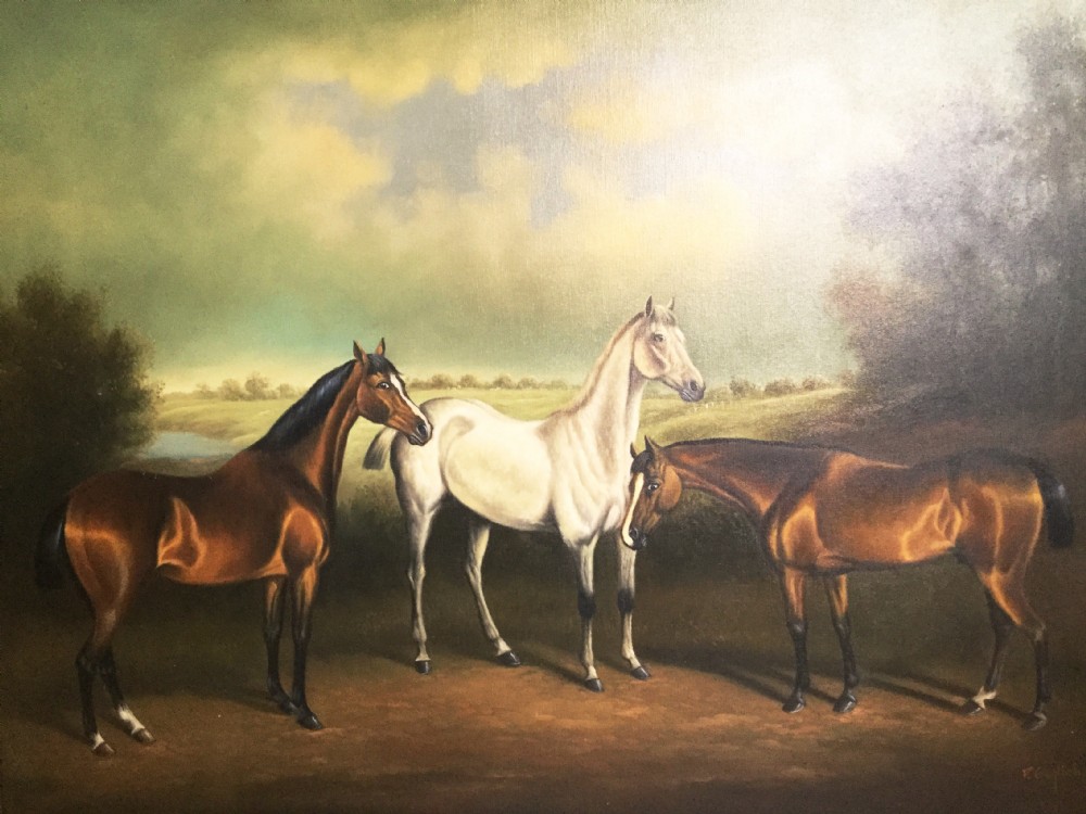 Fine Antique Art Large Oil Painting On Canvas of Horses In A Countryside Landscape Equestrian Pictures After Artist George Stubbs (1724-1806) Decorative Swept Gilt Frames View II