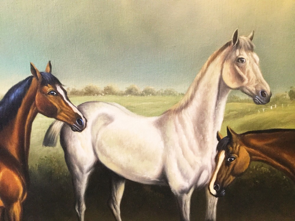 Fine Antique Art Large Oil Painting On Canvas of Horses In A Countryside Landscape Equestrian Pictures After Artist George Stubbs (1724-1806) Decorative Swept Gilt Frames View V