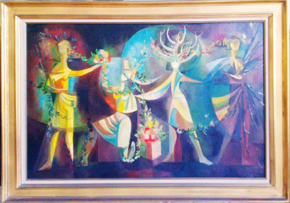 Fine Antique Art Important Surrealist Oil Paintings Manner of Lucien Coutaud (1904-1977) 20thc French Oil Portraits Gilt Frames