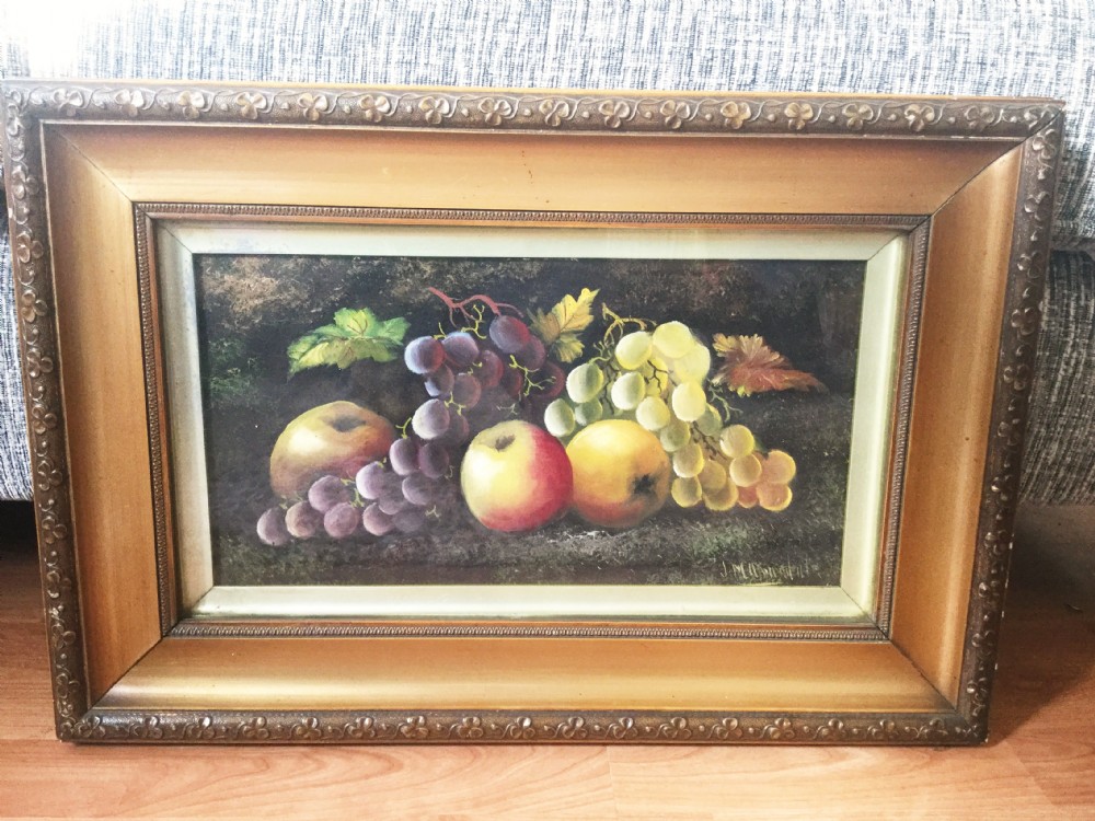 Fine Antique Art Edwardian Still Life Fruit Oil Paintings on Board Under Glass Signed J.M.Arundele Pictures Of Fruit Gilt Frames