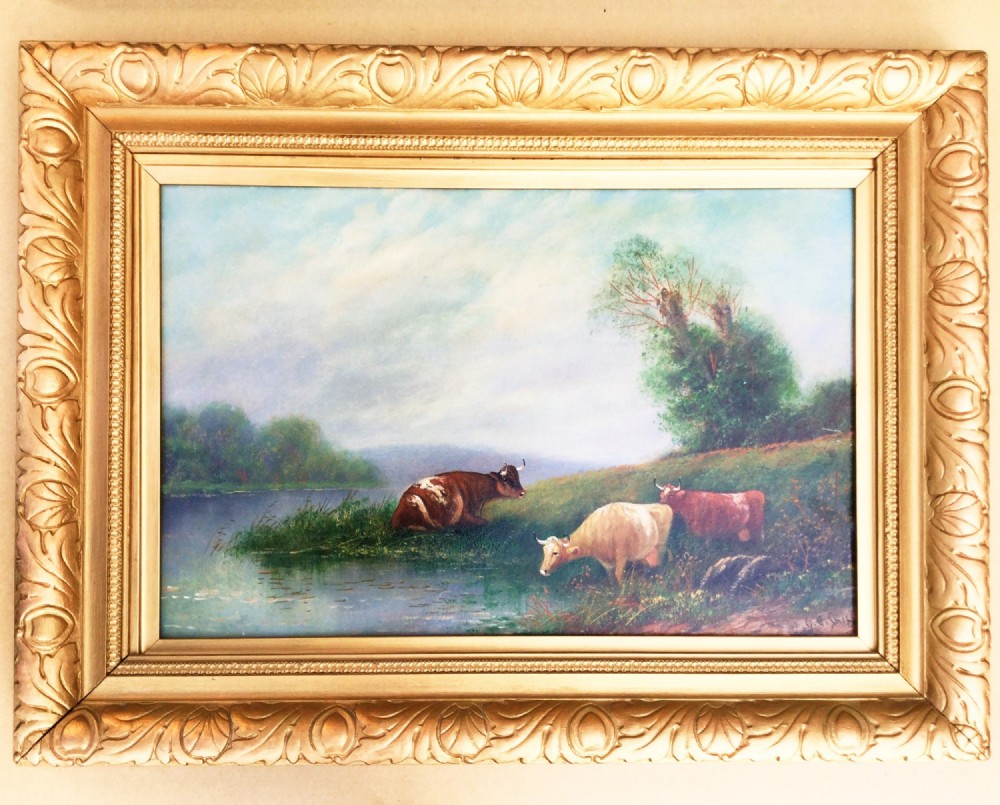 Early 20thc Cattle Watering In A River Landscape Edwardian Art Antique Oil Paintings On Board