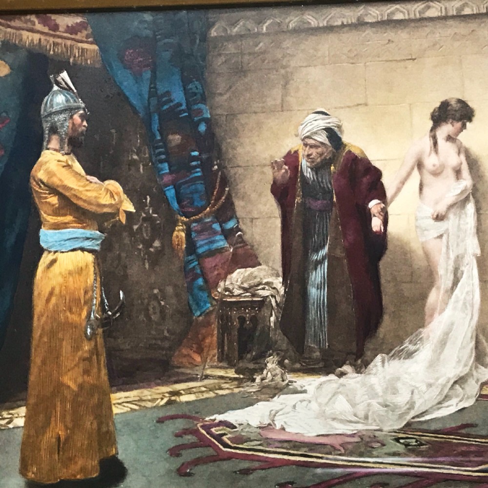 Victorian Hand-Coloured Lithograph Painting Titled The Slave Sale After Oil Painting By Frederick Vezin (1859-1942)